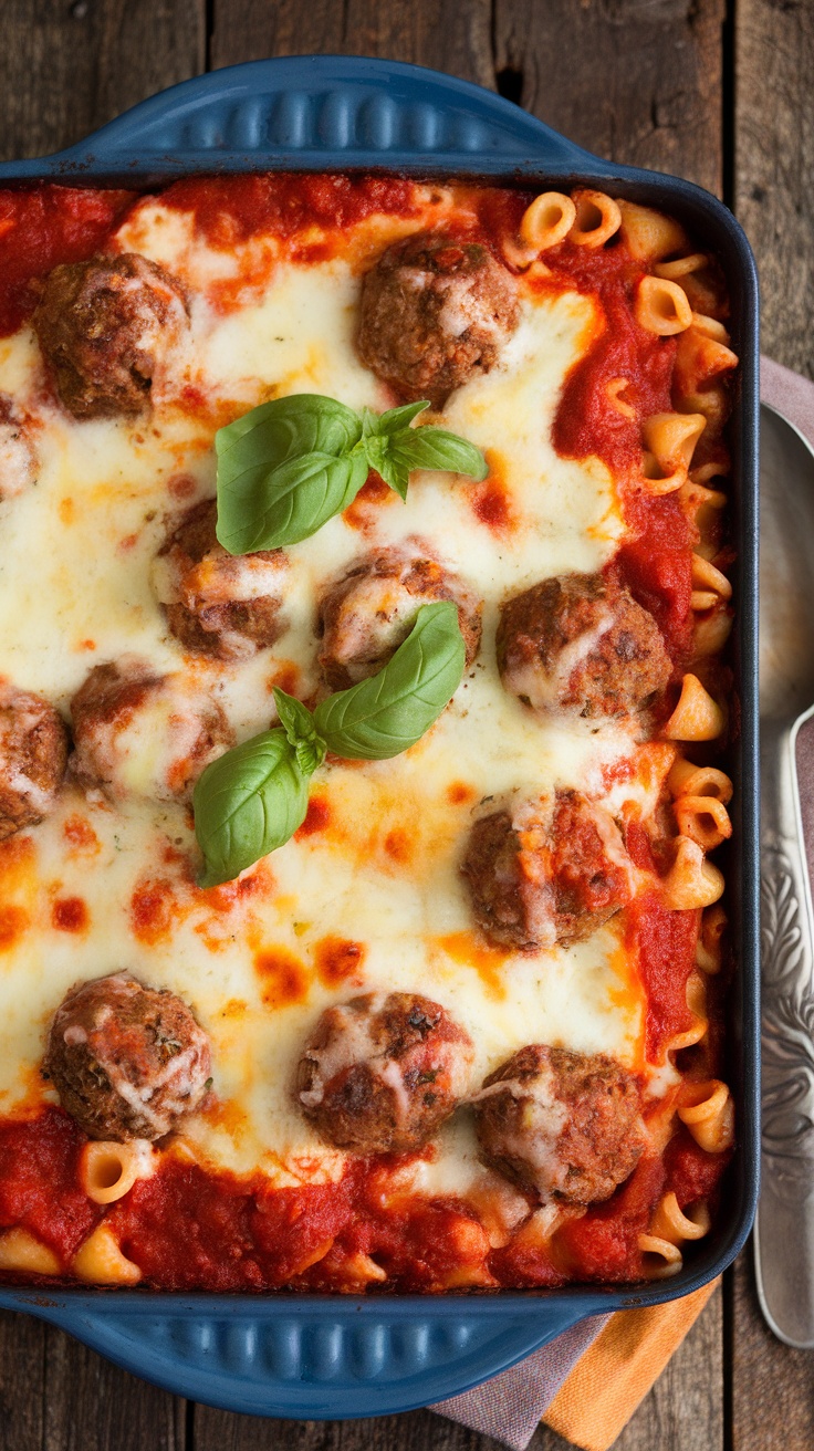 Cheesy meatball casserole with meatballs, pasta, and marinara sauce, garnished with basil on a wooden table.